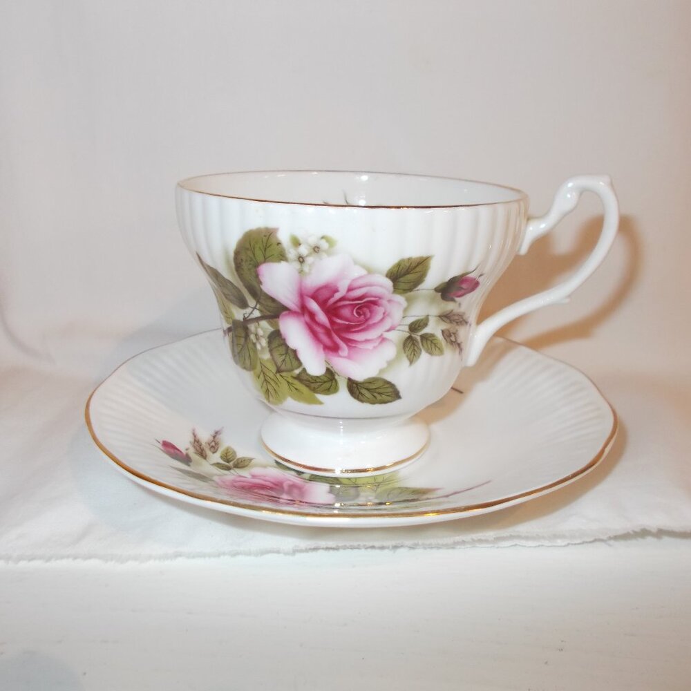 Vintage Royal Minister bone china teacup & saucer with pink rose